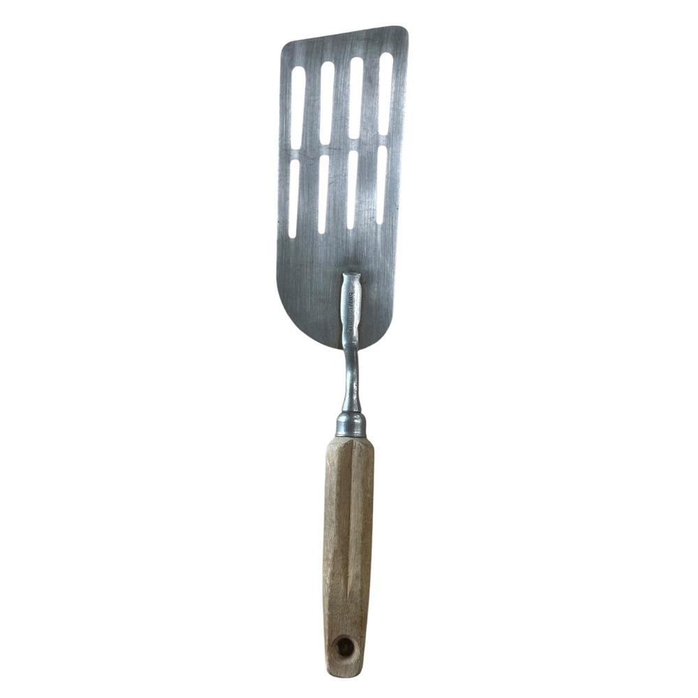 Vintage EKCO Stainless Steel Slotted Spatula Turner Wood Handle USA 12"
